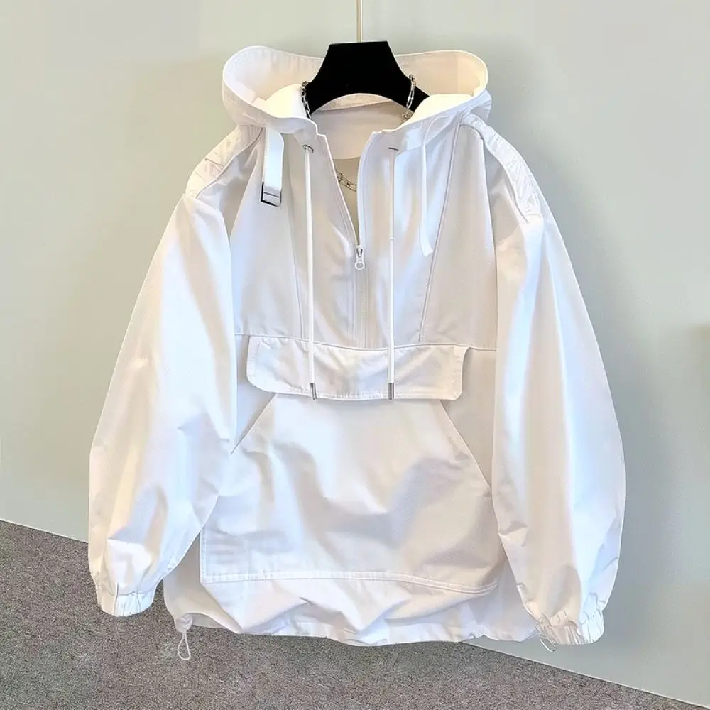 Mens Sporty Windbreaker Jacket Hooded Half Zip Loose Fit Casual Cargo Coat Autumn Streetwear Fashion Outerwear