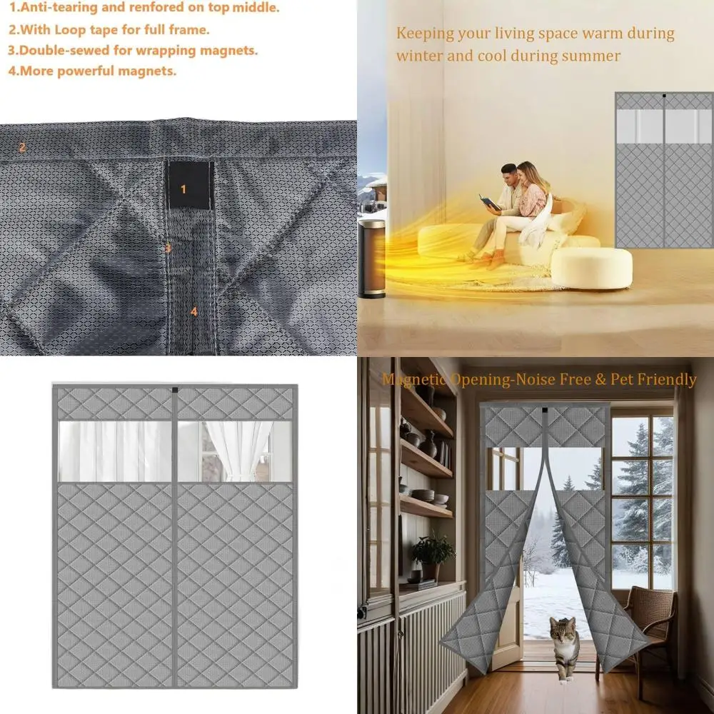 

64x83 Inch Door-Fitting Magnetic Insulated Diamond Pattern Gray Thermal Curtain, Center Open, 67x85 Panels for Temperature Contr