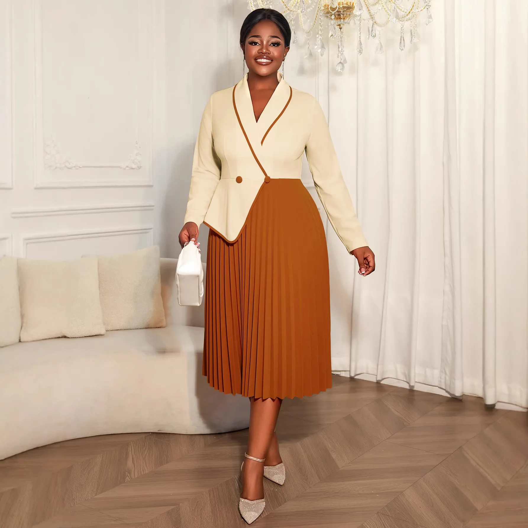 

Plus-size Women's Dress With Contrasting Colors, Long Sleeves, Faux Two-piece Design, Turn-down Collar, Elegant For Commuting