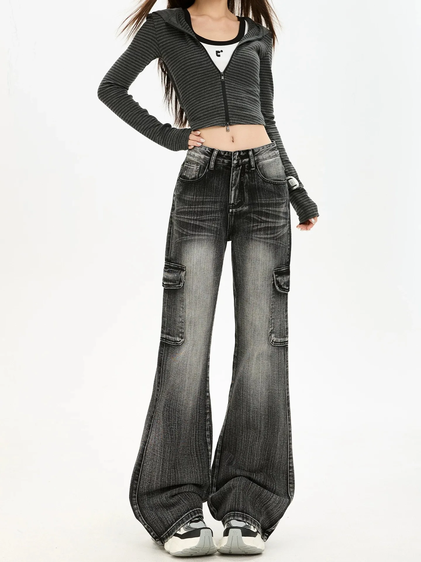 Y2K Micro Flared Jeans Women Black Gray Textured Workwear Pants Loose Non Stick Leg Autumn Hot Girls New