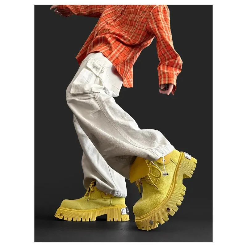 

Women's Leather Boots 2024 New Retro Thick-soled Flip Yellow Two Wear Short Rhubarb Trendy