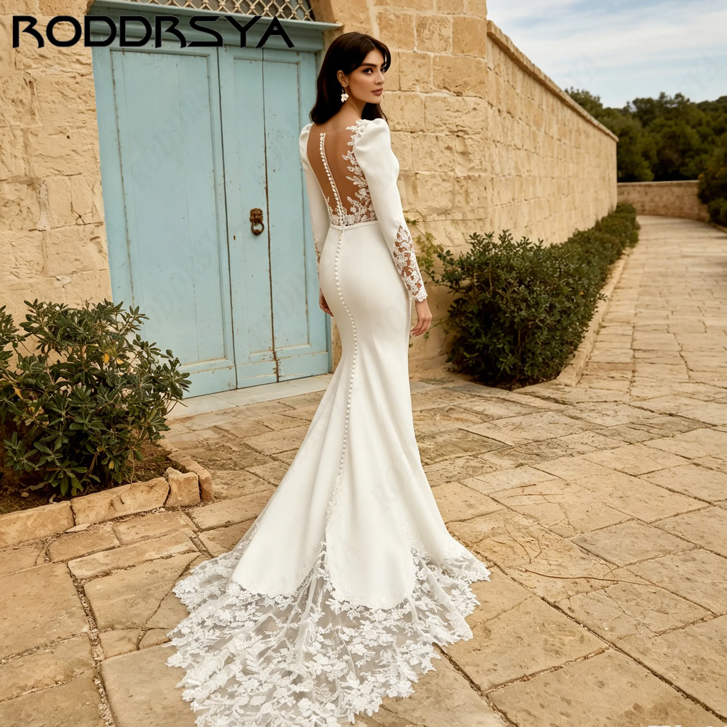 RODDRSYA Soft Satin Mermaid Wedding Dress For Young Bride Bridal V-Neck Puff Sleeve Lace Gown Garden robe de mariée Personalized