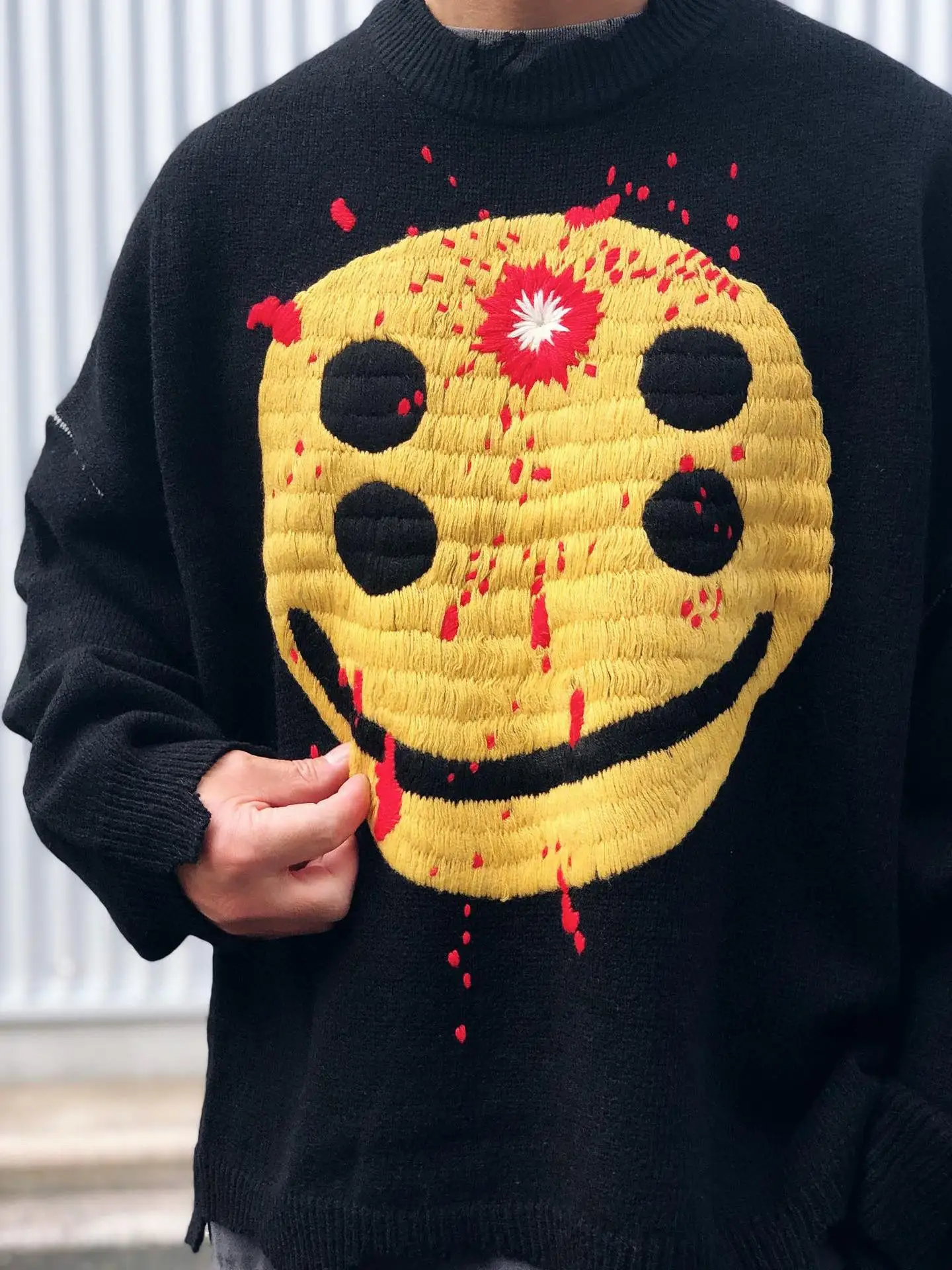 Saint Mxxxxxx X CPFM SMILE CPCREW KNIT Wool Sweater Hand Embroidered Happy Face Youthful Vitali Sle Long Sve round Ne