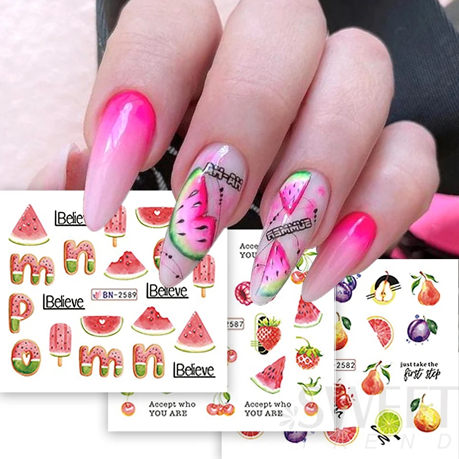 12pcs Fruit Sticker Watermelon Lemon Strawberry Orange Grape Slider Halloween Design Manicure Watermark Decal Decoration Tips