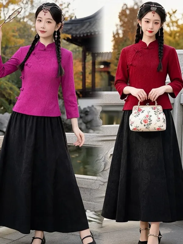 Traditional Chinese Style Cotton Linen Women's Suit with Button Collar Slimming Tunic Top And Pants for Autumn Season