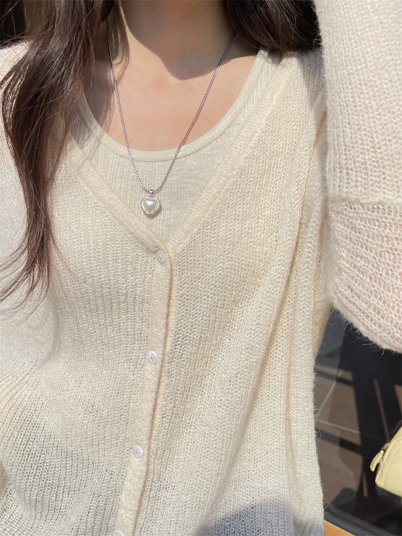 Advanced gentle slimming lazy knitted cardigan for spring and autumn new solid color v collar with sun protection on the outside