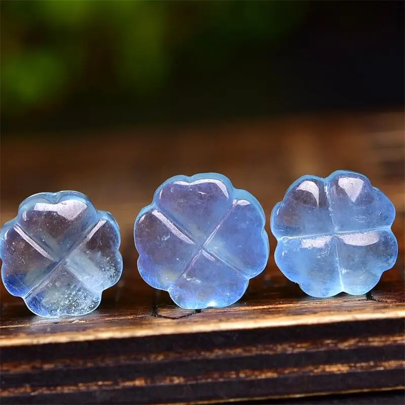 2PCS Natural Aquamarine Four Leaf Clover Carving Jewelry For Bracelet Reiki Healing Fengshui Stone DIY Accessories 12MM