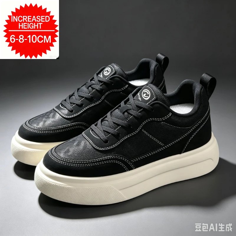 Men Elevator Board Shoes, Hidden Height Increase Sneakers, Mesh Suede Skate Shoes, Thick Platform Sole, Height Boosting Footwear