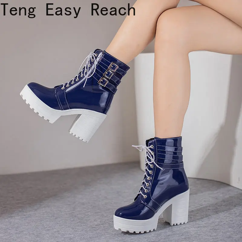 2023 White Black PU Leather Ankle Boots Women Autumn Winter Round Toe Lace Up Shoes Woman Fashion Motorcycle Platform Botas