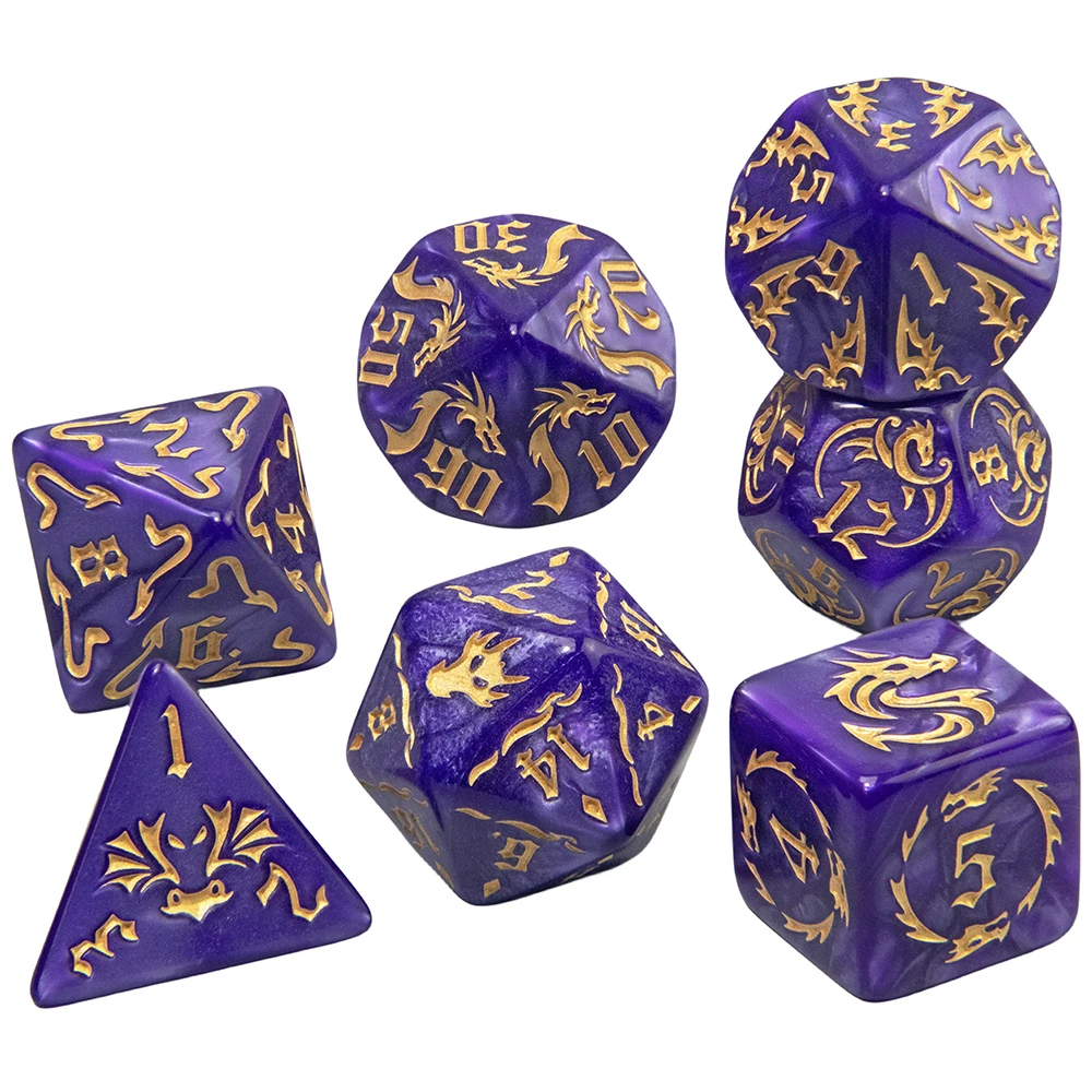 7Pcs/Set Dragon Dice D4-D20 Pearl Pattern Effect with Clearly Printed Numbers and Vivid Color for Playing Game Table Games