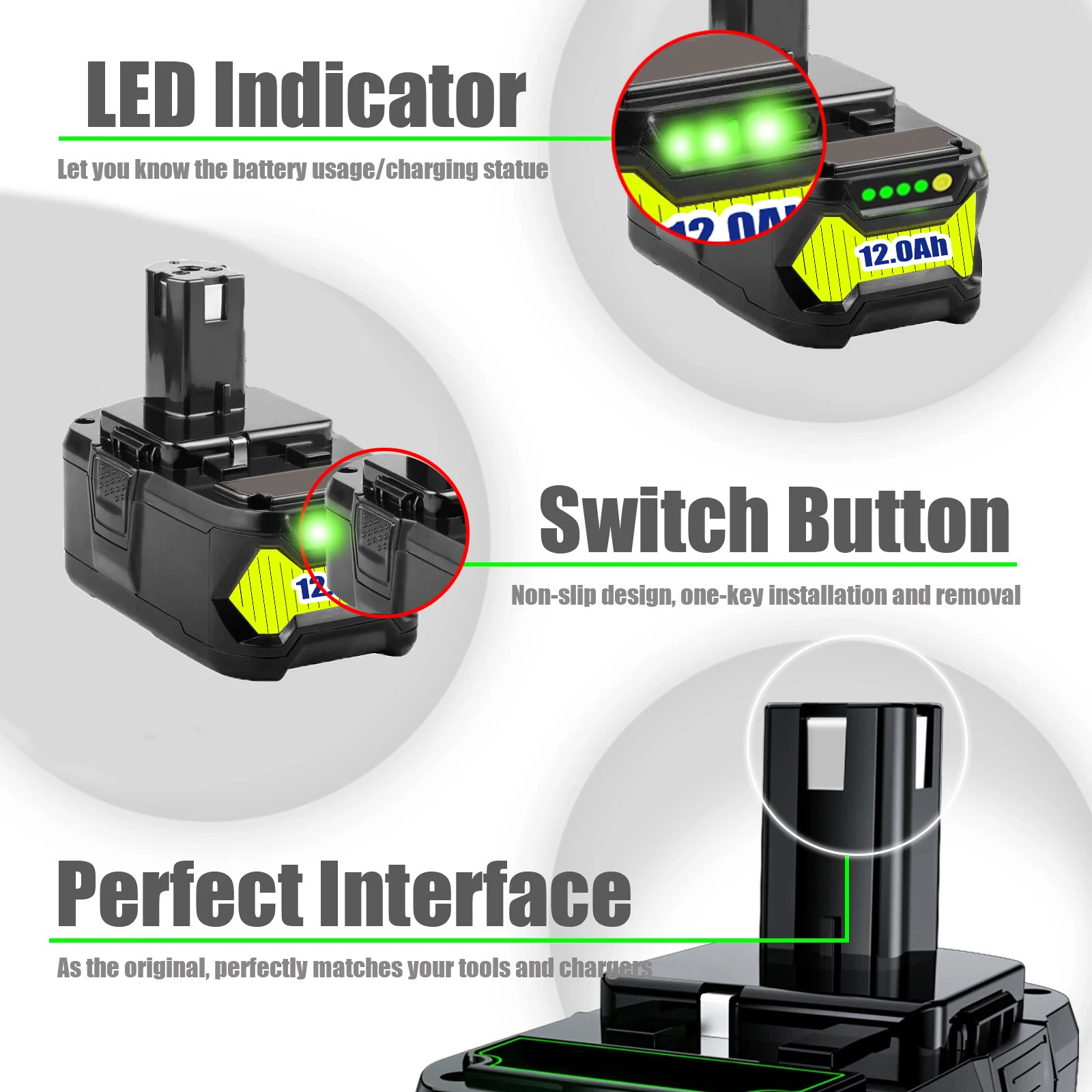 12Ah For RYOBI 18V Battery P108 18V One+ Plus Battery 18 Volt Lithium-Ion Power Tools P104 P107 RB18L50 RB18L20 P108