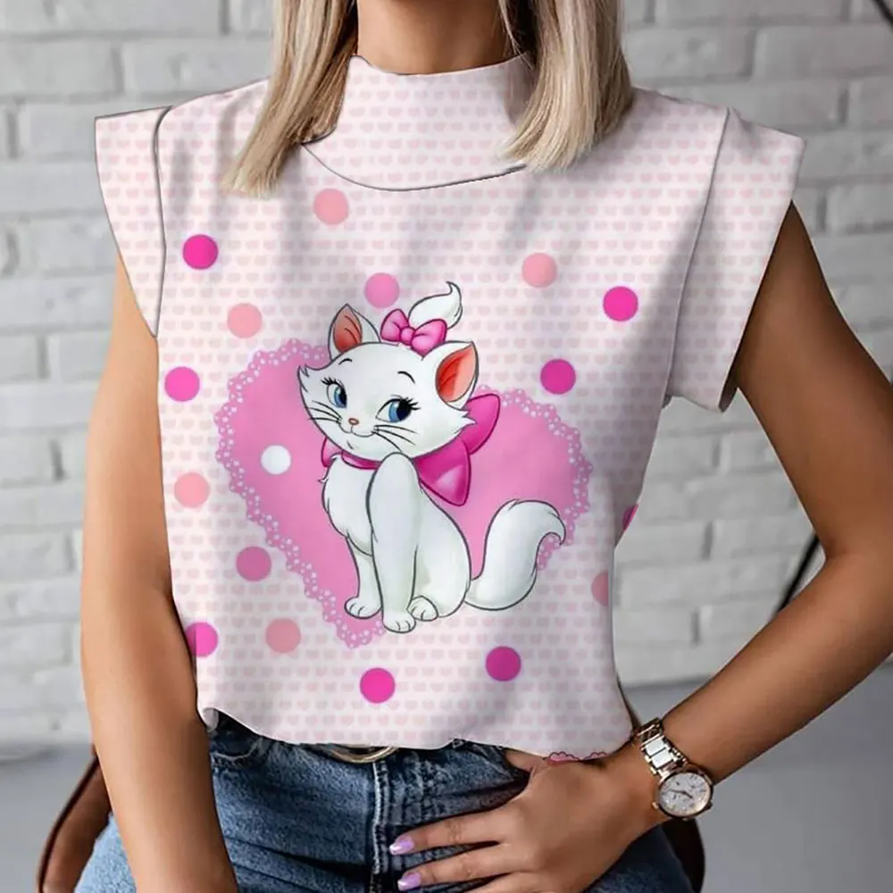 

2024 New Mary Cat Anime Harajuku Street Summer Trend All-match Pattern 3D Printing Women's Turtleneck T-shirt Fashion Vest