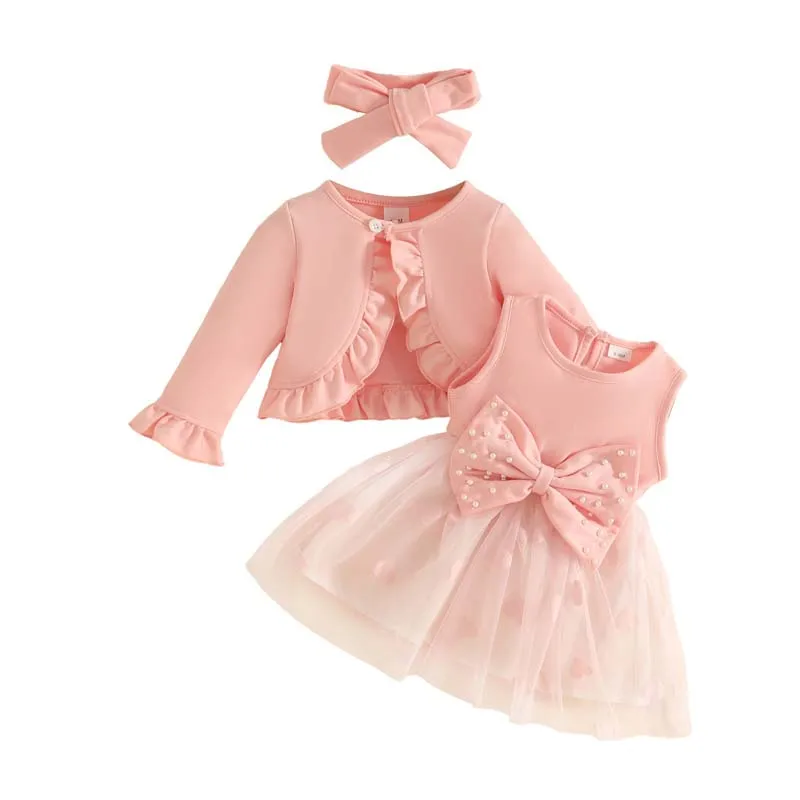 Baby Clothing 3Pcs Sets Girls Sleeveless Tulle Skirt with Bow Print Long-sleeved Jacket and Headband 1–3 Years Infant Outfits