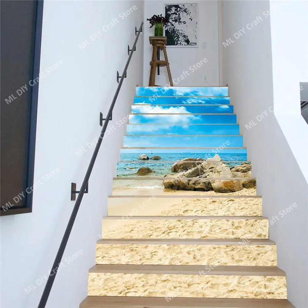 

Art Mural Blue Beach Staircase Sticker Staircase Sticker Living Room Natural Scenery High Mountains Flowing Water Stairs Cover