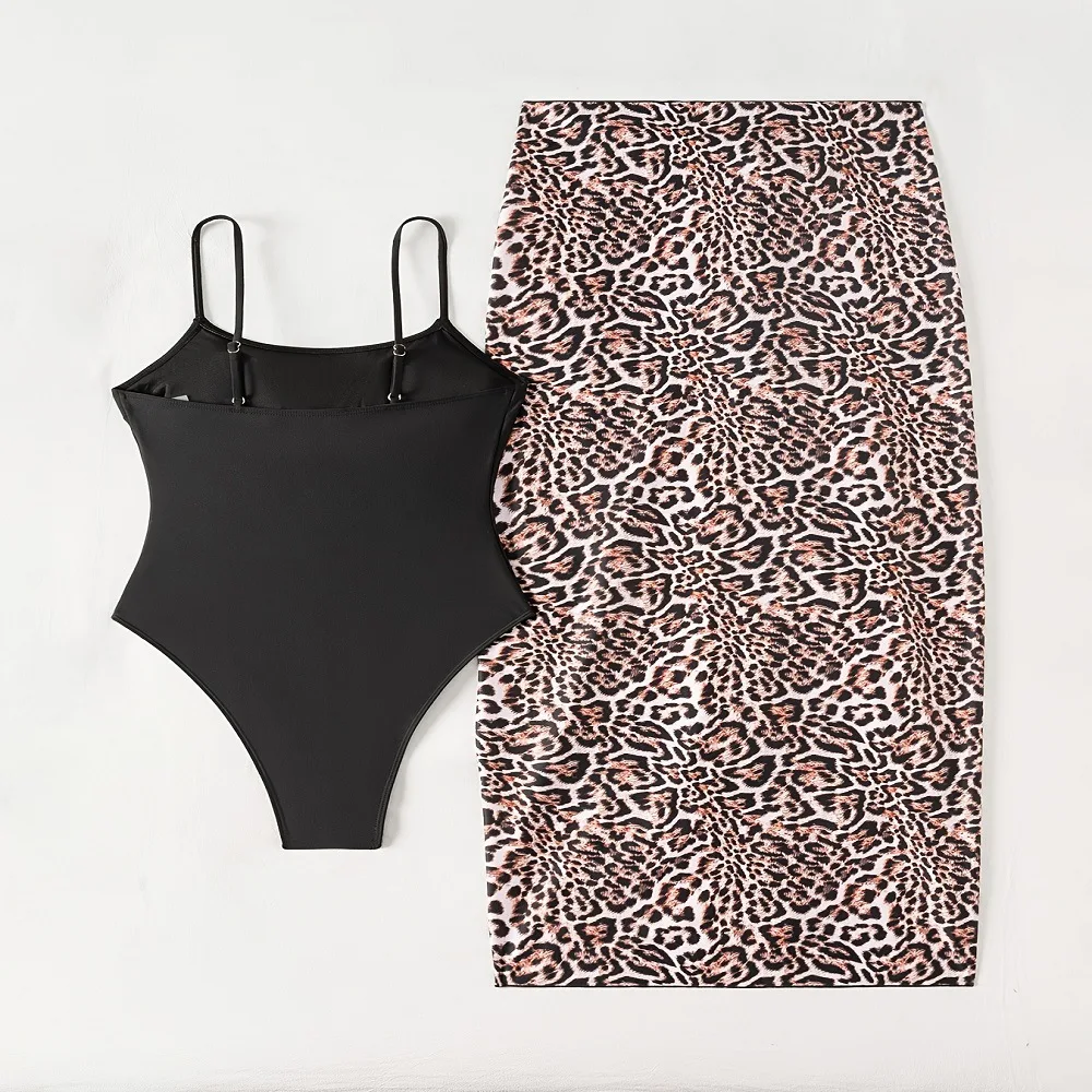 New Trend Sexy High Leg Cut Women Swimwear One Piece Swimsuit With Leopard Print Beach Vacation Tie-dye Sash Wrap Skirt