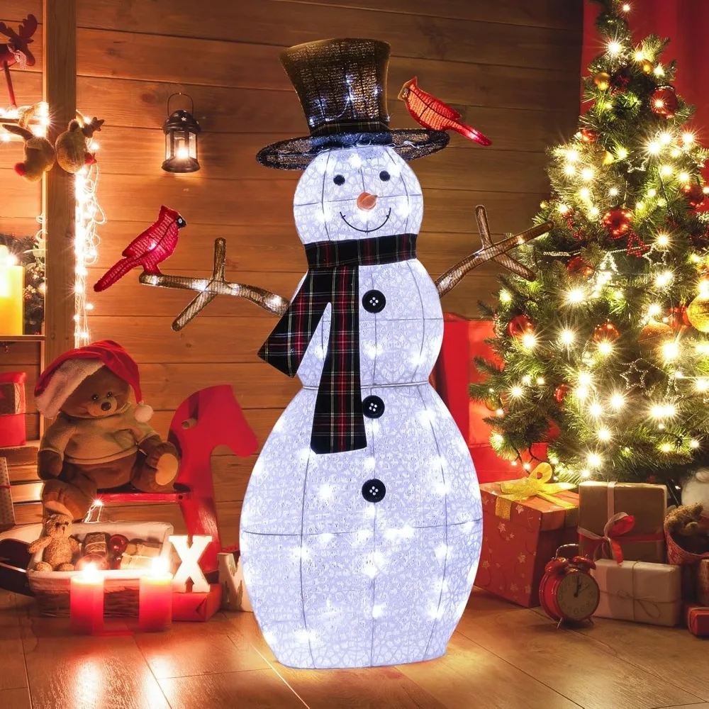 Lighted Christmas Snowman with Redbirds, Pre-Lit Snowman Ornament Christmas Decoration with Warm-White LED Light