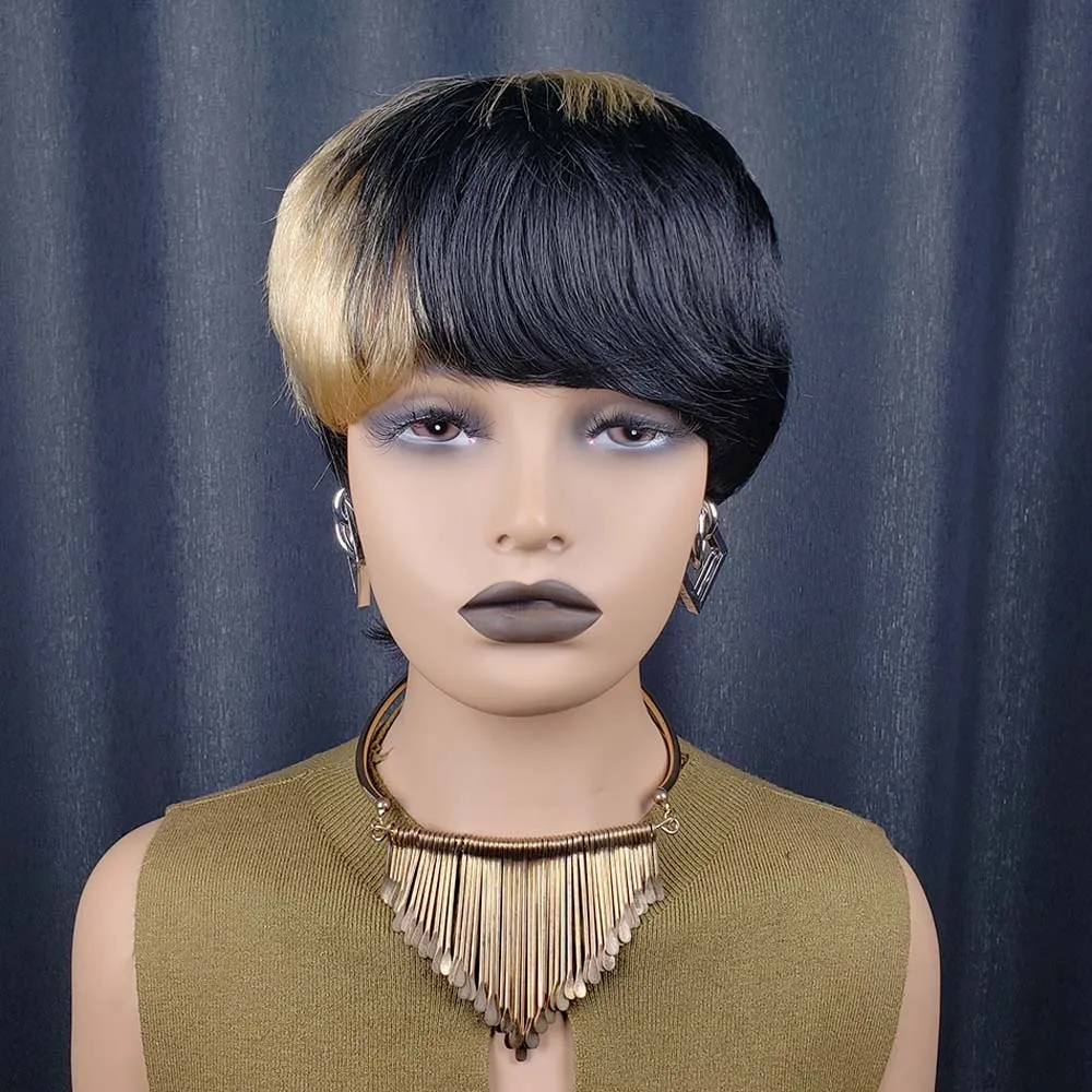 Parrucche per capelli umani con taglio pixie per donna Parrucche ondulate con taglio pixie a strati corti Parrucca brasiliana Remy diritta fatta a macchina Nera con bionda