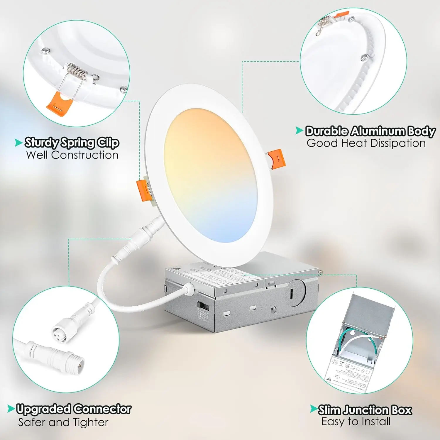 Maxvolador 6 Inch Ultra-Thin Led Recessed Ceiling Light With Junction Box 1200Lm High Brightness 6-Pack, 5Cct