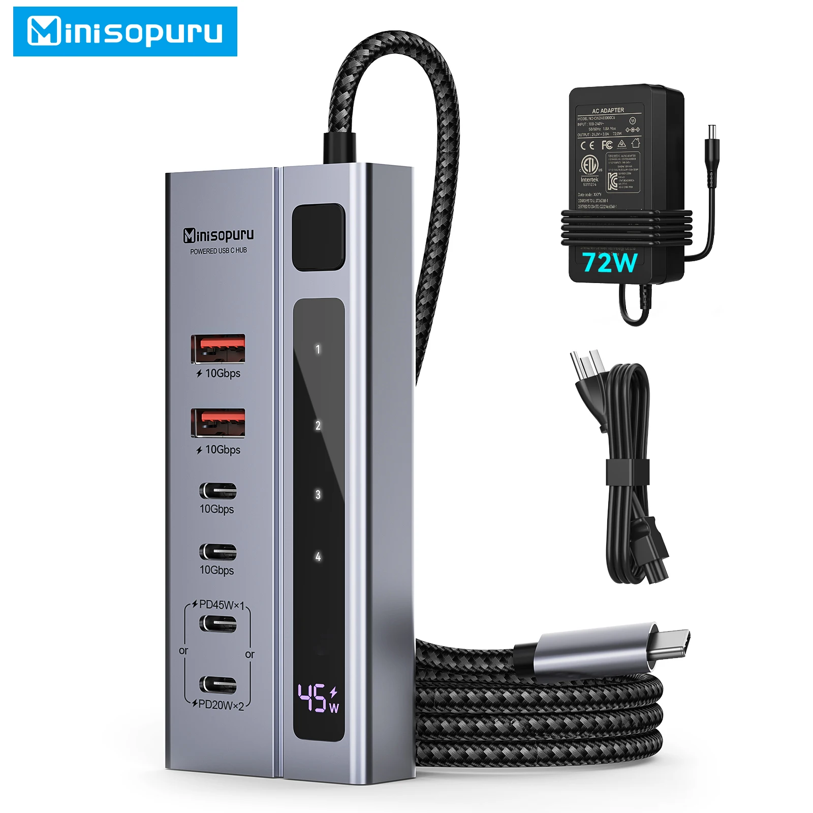 

Minisopuru Powered USB C Hub 10Gbps Data Transfer 6 Ports with 72W Power Adapter Max 45W Charging for MacBook iMac iPad Phone