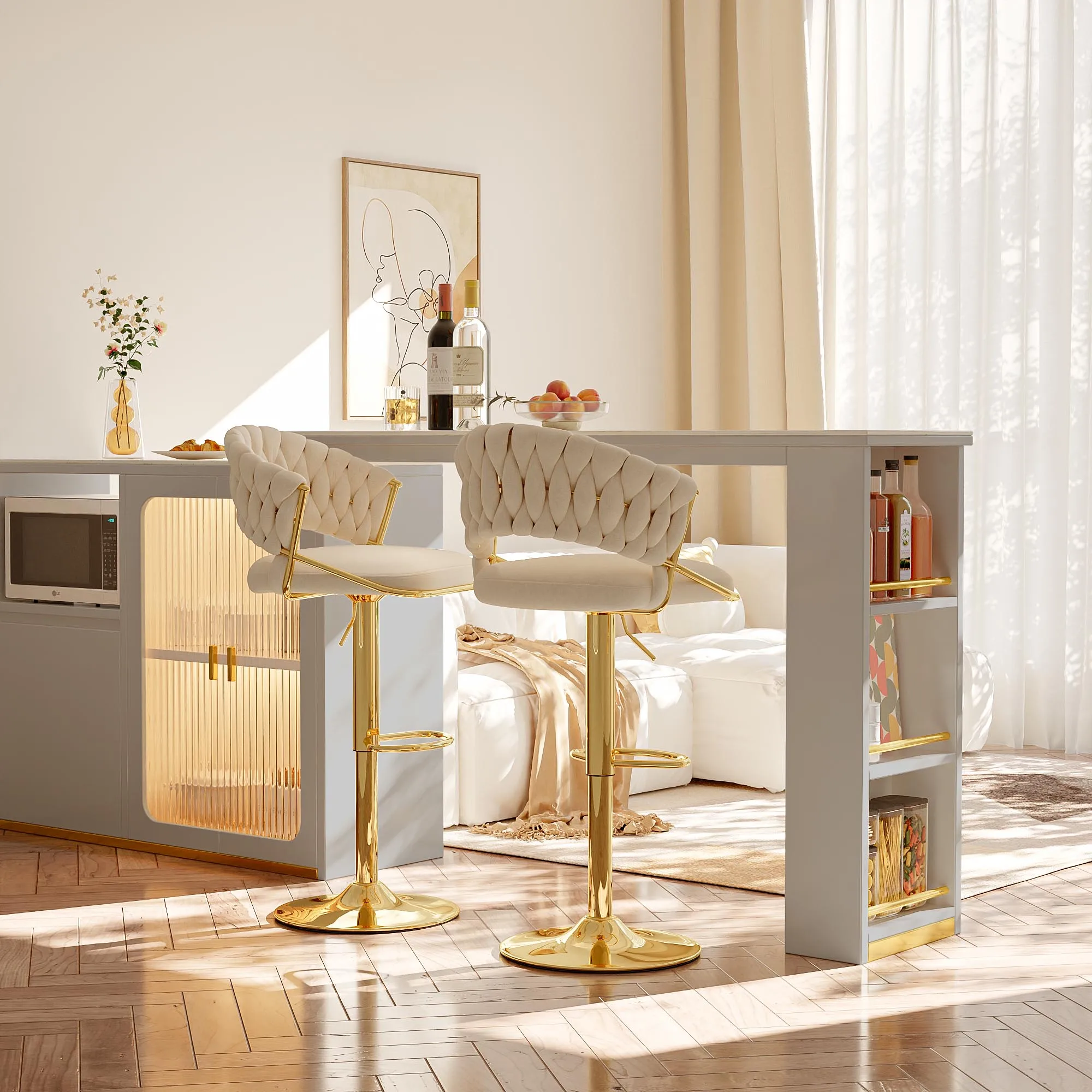 Paquete de 2 taburetes de bar y sillas de comedor con respaldo cómodo de terciopelo tejido a mano, taburete de mostrador de metal con base dorada de