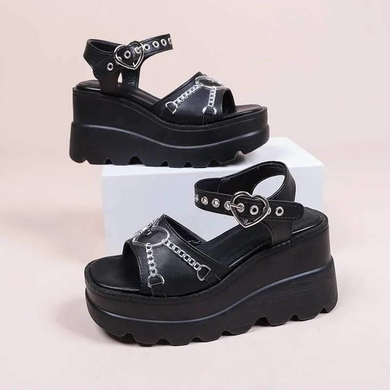 35-43 Plus Size Fashion Slope Heel Women Sandals Metal Chain Decoration Female Buckle Platform Shoes Women\'s Sandals Tide Shoes