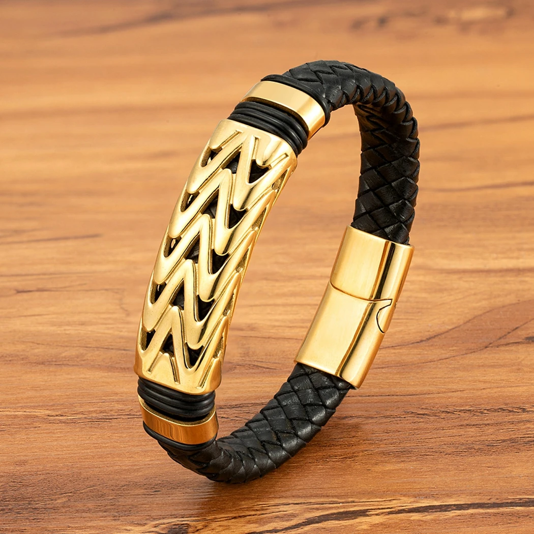 XQNI Wave Textur Leather Bracelets Simple Magnetic Buckle Stainless Steel Rope Weaving Bracelet Jewelry Gifts For Men Wholesale