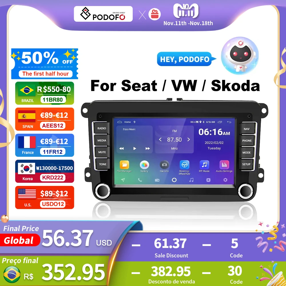 Podofo 2 Din Android Car Radio GPS 4G DSP Carplay For VW/Volkswagen Skoda Octavia Golf 5 6 Touran Passat B6 Polo Jetta Fabia