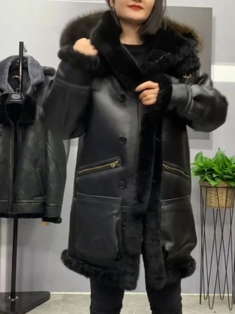 2024 Winter Warm Coat Men and Women Long Jacket Male Female Genuine Sheepskin Shearling 100% Real Thick Wool with a Hood Black