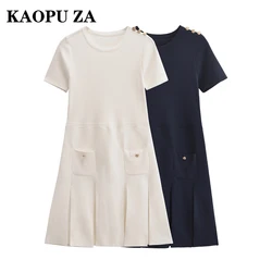 KAOPU ZA 2024 New Lady Casual Short Sleeve Dress Women's Summer Wear Solid Pleated Miniskirt Ladylike 0-Neck Top