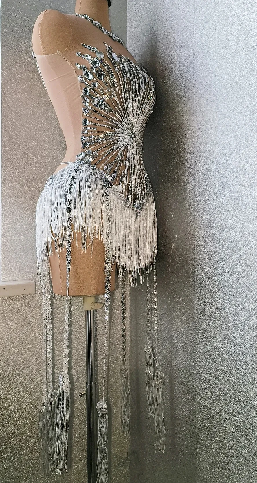 Sexy Rhinestone Crystal Bodysuit Women Big Stretch Tassel Club Prom Drag Queen Costume DS Stage Singer Dance Fringe Leotard