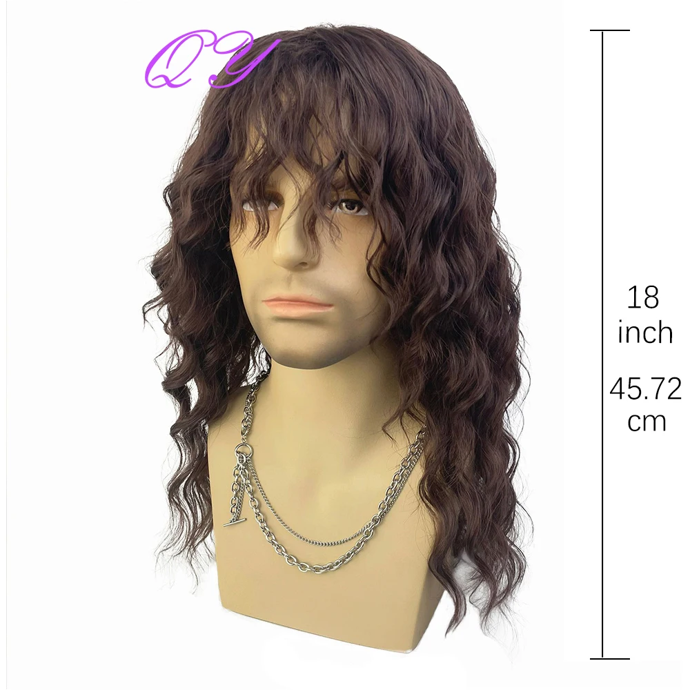 Synthetic Men\'s Wig Long Brown Natural Curly Rock Man Wig With Bangs Party Or Cosplay Adjustable Water Wave Male Hair Wig