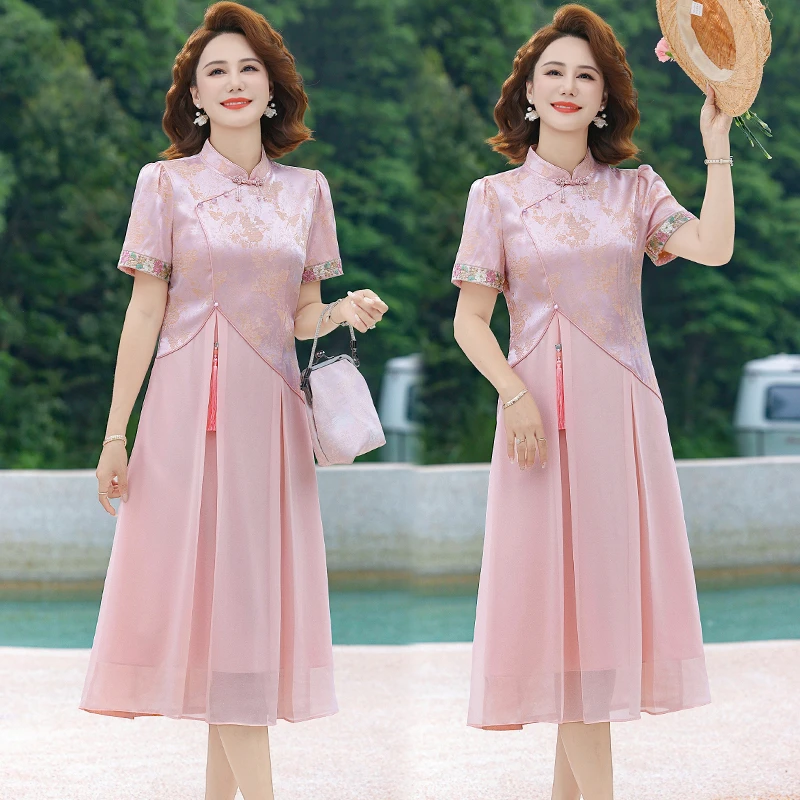 Pink Chinese Style Qipao Dress Mid-aged Women Summer Fashionable Elegant Long Skirt Button Detail Fit Maxi Dress