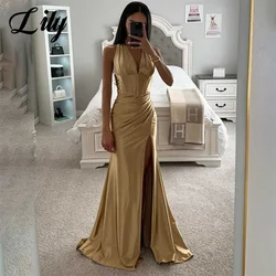 Lily Simple Champagne Evening Gown Trumpet Prom Dress Halter Sleeveless Evening Dresses with Pleats Satin vestidos de fiesta