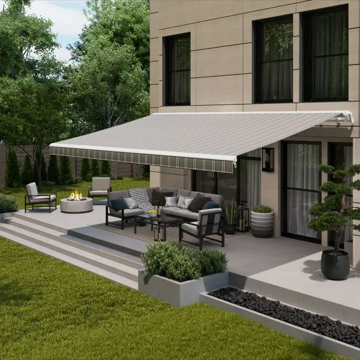Toldo retráctil de lujo moderno, toldo de brazo plegable motorizado montado en la pared para Patio, toldo eléctrico de casete completo para edificio de jardín