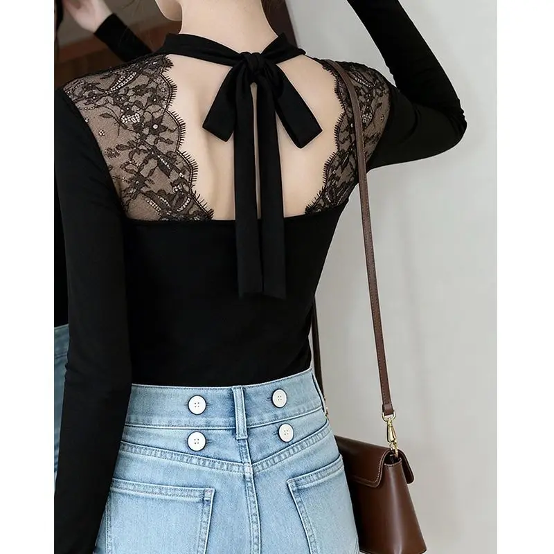Autumn Winter Sexy Sweet Hottie Backless Hollow Lace Bottoming Shirt for Women German Velvet Long-sleeved Tops