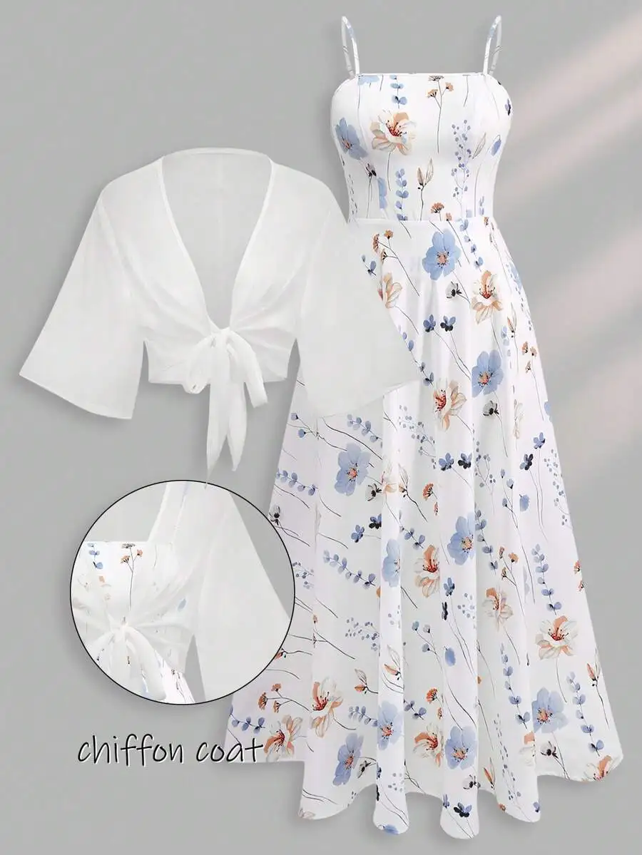 

Women's Floral Print Chiffon Dress with Tie-Front Cover-Up Set