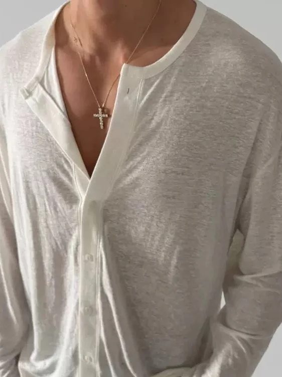 American Style Loose Linen Knitted Cardigan Men's Lightweight Long Sleeve Mesh Line Shirt Breathable Comfortable Summer T-Shirt