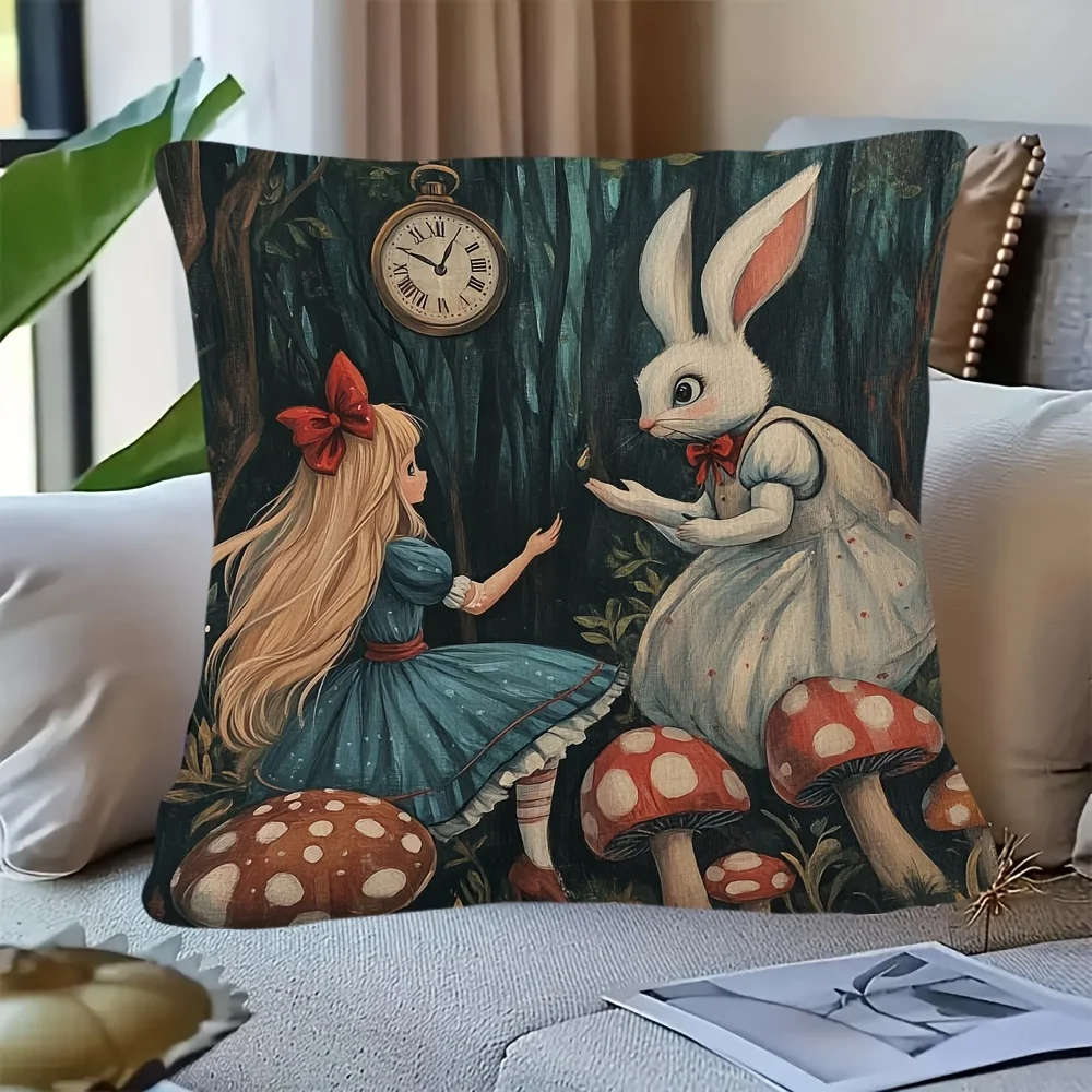 Whimsical Alice in Wonderland Rabbit Mushroom Nursery Rhyme Throw Pillow Cushion Home Decor Gift