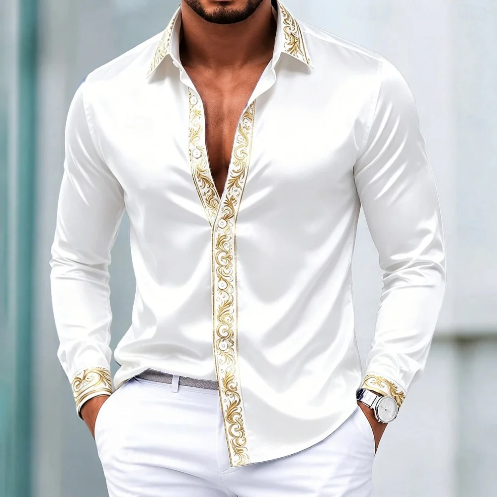 Men's White Satin Long Sleeved Shirt Luxurious Gold Baroque Print Lapel Button Up Dress Shirt Formal Wedding Party Shirt