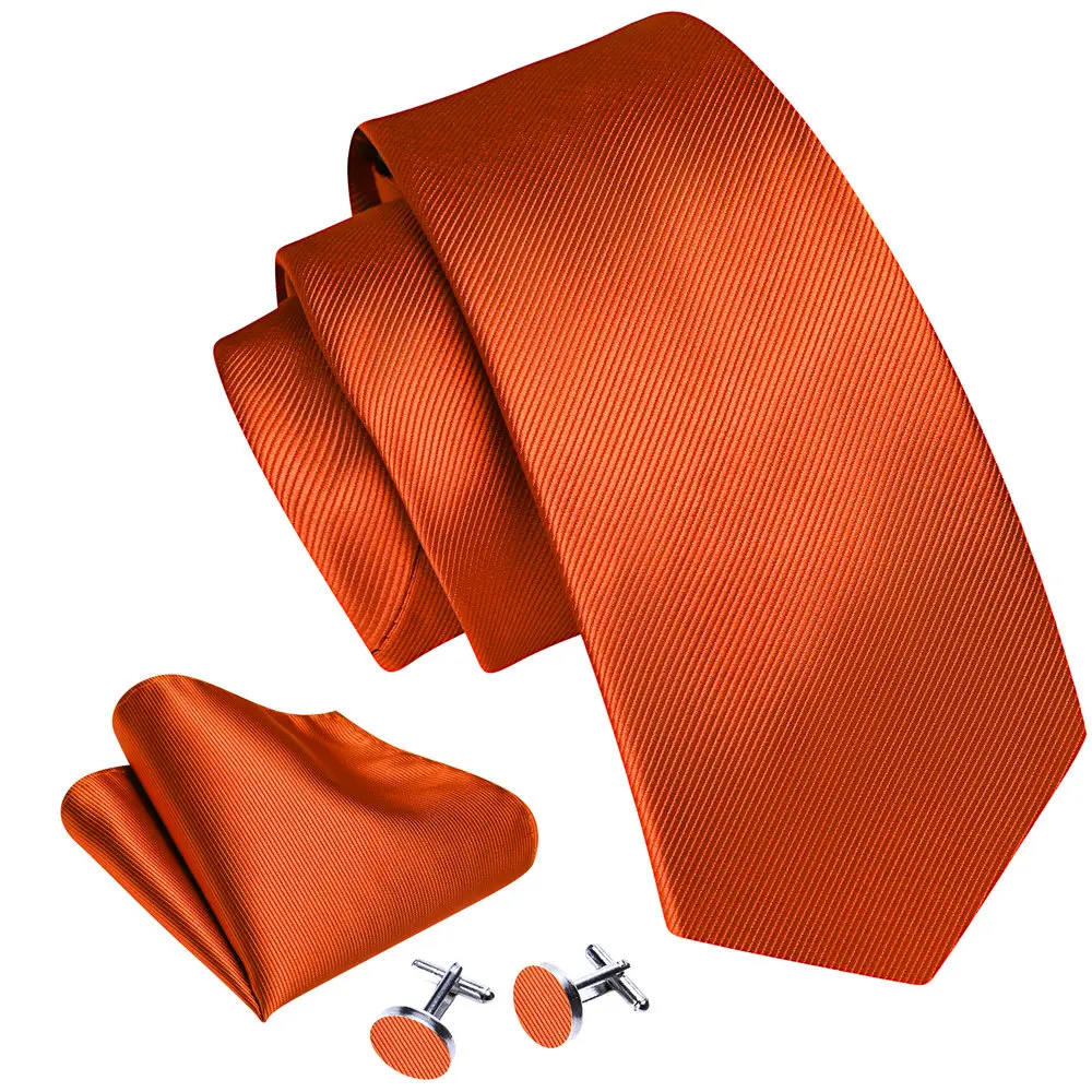 Barry.Wang Orange Men Silk Solid Ties Elegant  Male Woven Suit Neckties Pocket Square Cufflinks Sets Party Wedding Designer 6472