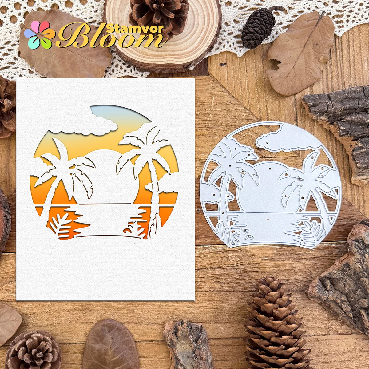 Original schöne Meer Sommer Kokospalmen Sonnenuntergang Kreis Metall Stanzformen Scrapbooking dekorative Prägung