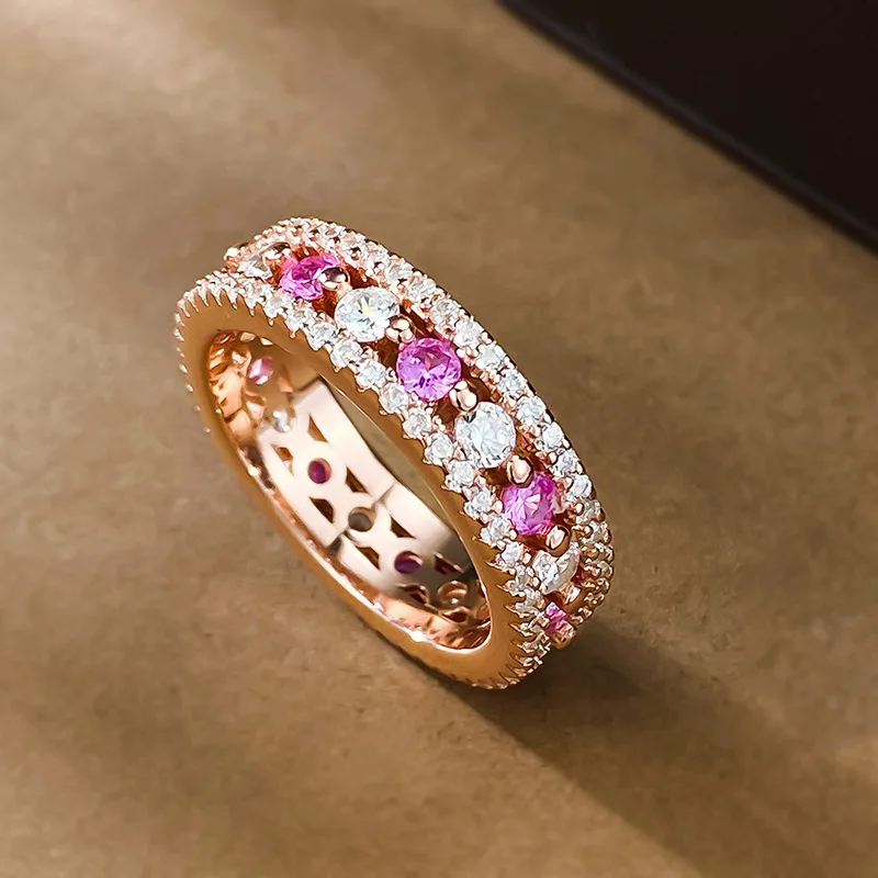 2024 S925 Silver Ring Instagram Women's Red Corundum Intercolor Ring Plating Rose Gold Ring Live Broadcast