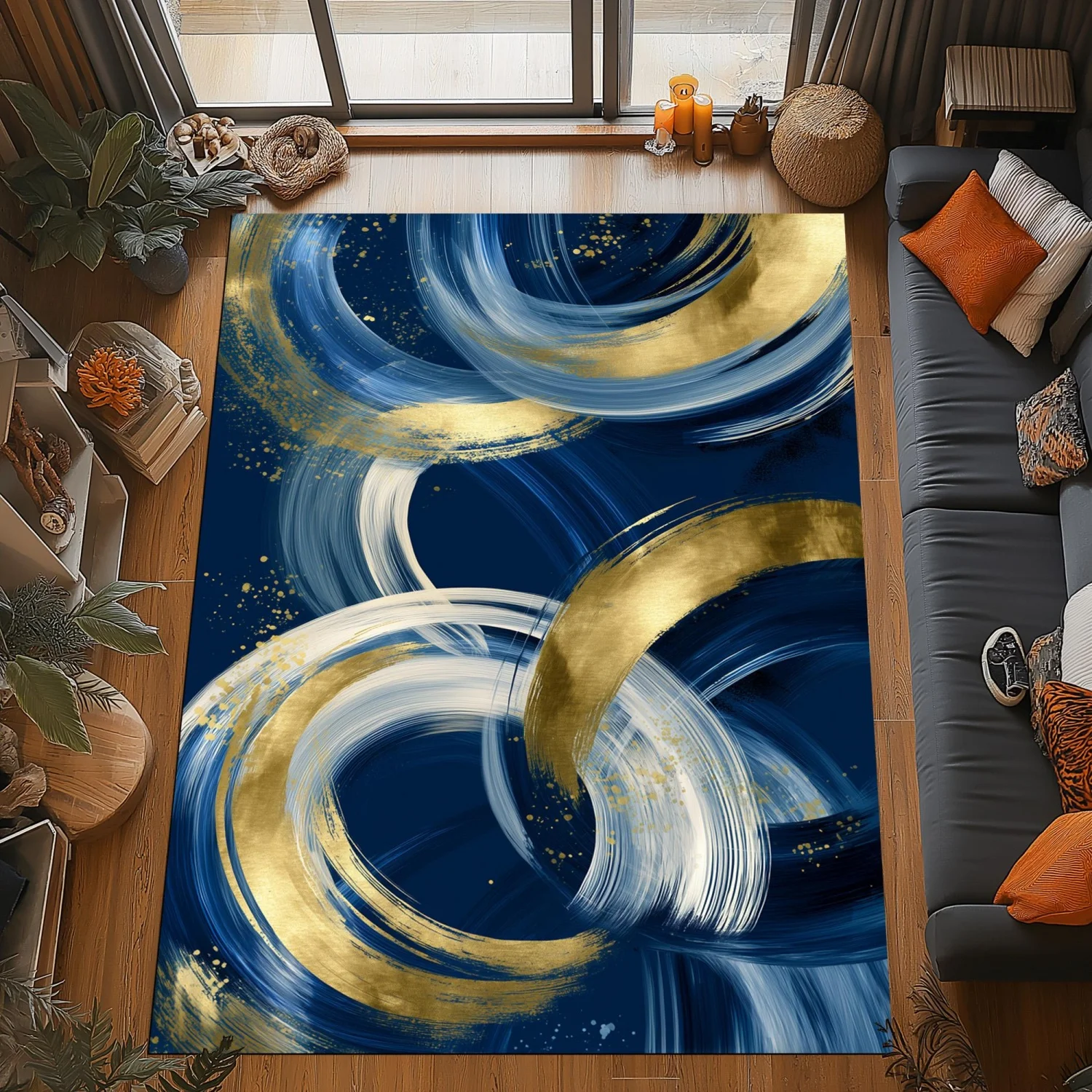 Room Decor Rug Navy Blue Gold White Abstract Brush Stroke Swirl Print Luxury Area Rug, Soft Floor carpet, rugs for livingroom, rug for bedroom, Rectangle Floor Mat, Suitable for Entrance Hall, Elegant