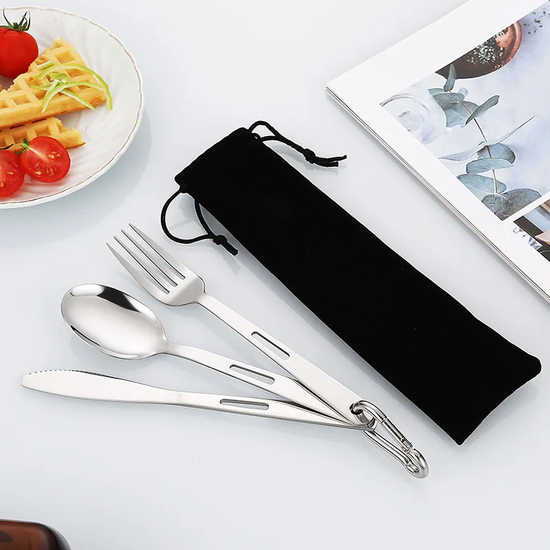 Tragbares Besteck aus Edelstahl, 3-teiliges Messer-, Gabel- und Löffel-Set, Outdoor-Camping-Geschenke, Studenten-Geschirrsets aus Segeltuch