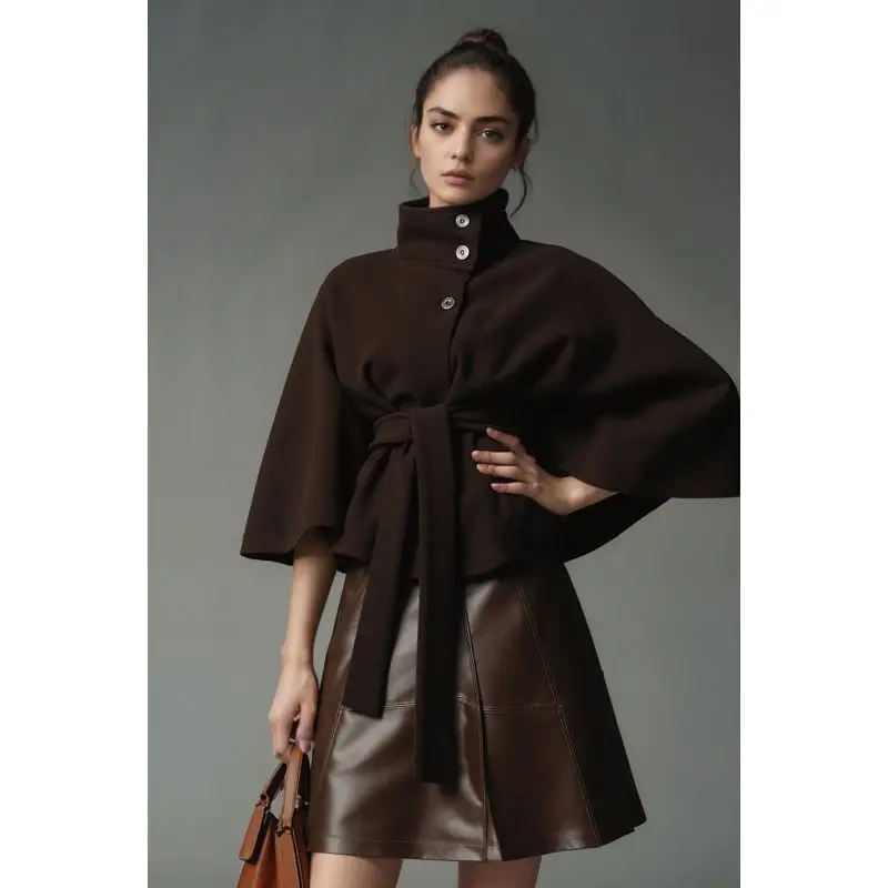 Wool Blend Cape Coat Stand Collar Button Closure Waist Tie Belt Batwing Sleeve Loose Elegant Autumn Winter Outerwear Jacket