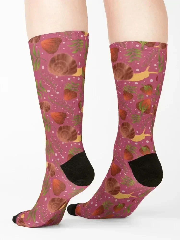 Strawberries & Snails Pink Floral Pattern Socks aesthetic loose japanese fashion heated Designer Man Socks Women's