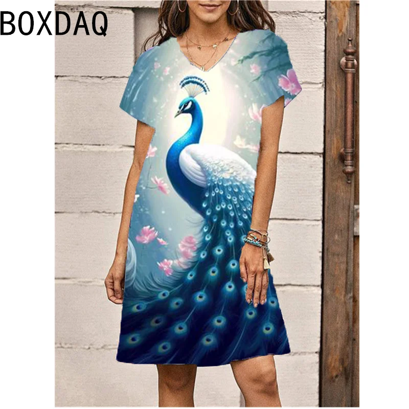 3D Peacock Pattern Print Dress Women Summer Short Sleeve V-Neck A-Line Dress 6XL Big Size Female Dress Vestidos