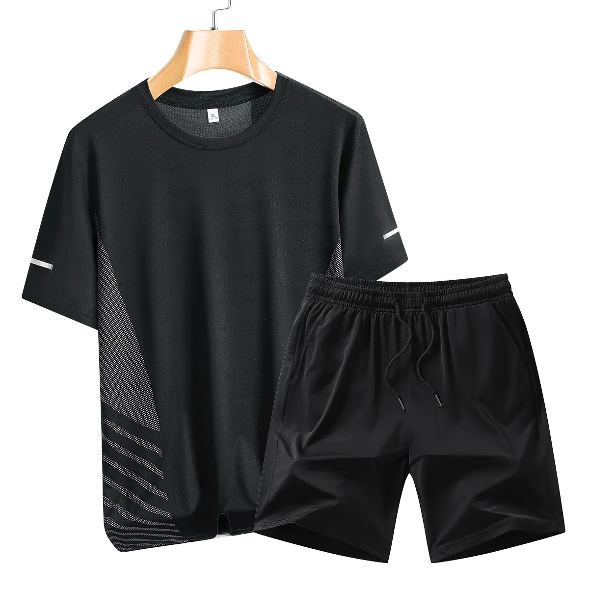 Hot selling new soft men's striped printed breathable round neck T-shirt shorts set summer outdoor casual sportswear