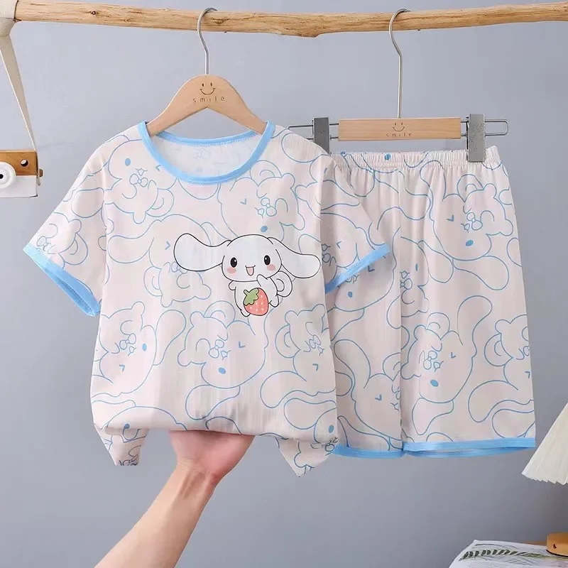 2024 New Girls' Pajamas Spring/Summer Short Sleeve Set Thin Children's and Girls' Kids Cartoon Pattern Home Furnishings Clothing