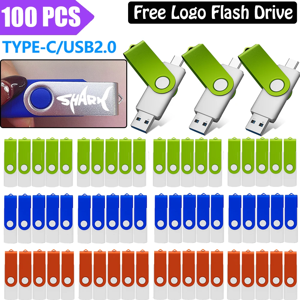 

100pcs Free Logo Rotatable Colorful USB2.0 Flash Drive 128GB Type-C Dual Memory Stick 64GB 2IN1 Pendrive 32G 16G 8G 4G 1G 2G
